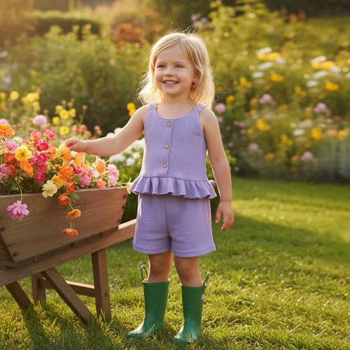 Image of Little Toddler Kids Girl Clothes Set 1-8 Years Summer Outfits Solid Color Tank Tops & Shorts