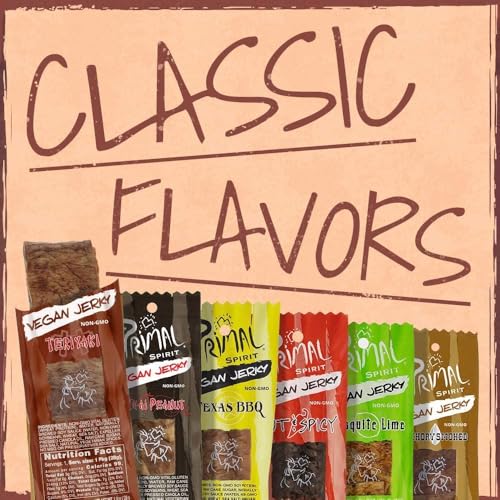 Primal Spirit Vegan Jerky – “Classic Flavor” – Teriyaki, 10 g. Plant Based Protein, Certified Non-GMO, No Preservatives, Sports Friendly Packaging (24 Pack, 1 oz)