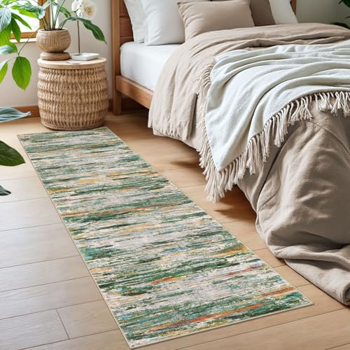 2x6 Green Teal Orange Multi Modern Abstract Runner Rug for Hallway, Super Soft Hallway Decor Kitchen Rugs with Non-Slip, Non-Shedding Washable Rug for Entryway Bedroom Laundry Indoor