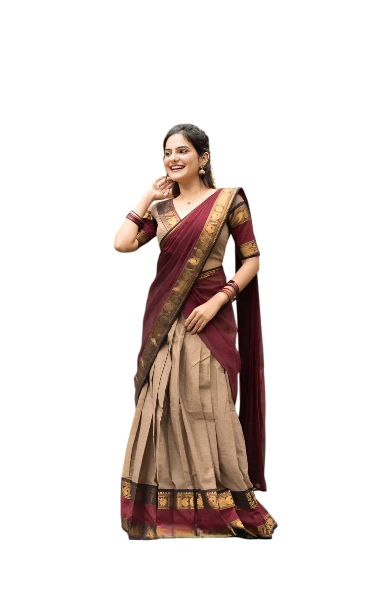 Chiku Color With Maroon Dupatta South Indian Style Semi-Stich Traditional Lehenga Choli For Women Half Saree-image-10