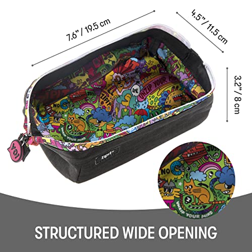 Image of ZIPIT: Lenny Pencil Case - Black & Doodles - Large Storage Capacity Zipper Pouch, Makeup-Stationery Bag, School, Washable Polyester, Kids-Teens-Adults