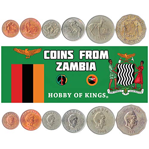 Set of 6 Coins from Zambia. 1, 2, 5, 10, 20, 50 NGWEE. African Money 1968-1988