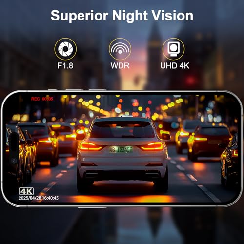 Dashcam Auto Vorne Hinten 4K + 1080P, WiFi Dash Cam Kamera, Kostenlose 64-GB-Karte, Dasch-cam mit...