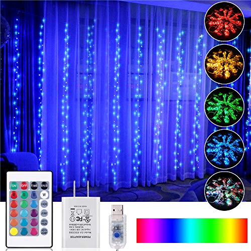 OPOLEMIN Window Curtain Lights Color Change Curtain String Lights of 300 RGB USB Powered, 16 Lighting Colors 4 Light Shows 9.84x9.84ft Rainbow Starry Lights for Bedroom Weddings Party (Multi-Color)