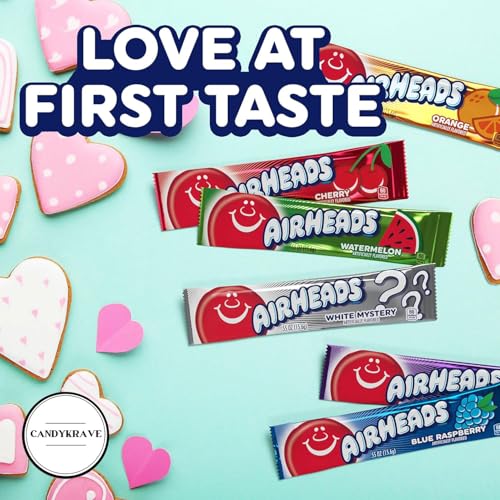 Airheads Candy Mini Bars, Cherry Flavored, Valentines Special, 40 Pieces Bulk Bag, Individually Wrapped Non-Melting Chewy Fruit Taffy, Gluten Free, Perfect for Birthdays, Parties & Pantry (1 lbs)
