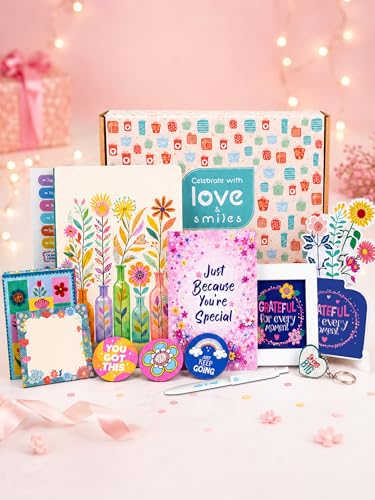 Image of Doodle Magic Moments Gift Hamper for Girls | 16 Cute Goodies with Notebook, Floral Desk Stand, Stickers, Photo Frame, Magnets, Key Ring, Pen, Thoughtful Card, Notecards & Chit Pad | Ready-to-Gift Birthday Hamper | Gift Set for Teens, Best Friends & Sisters