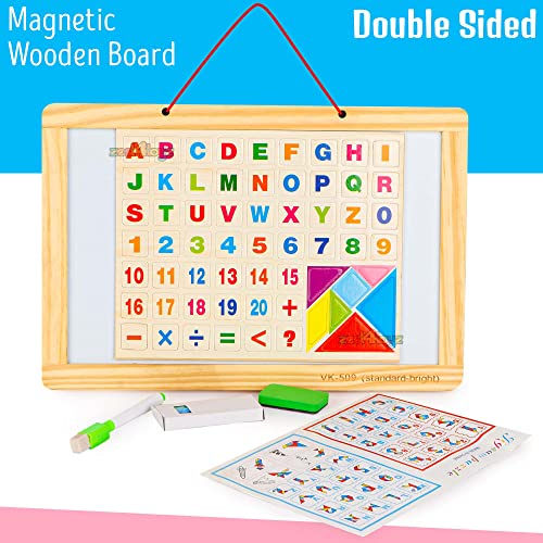 Image of Zest 4 Toyz Magnetic Wooden Writing Board for Kids Double-Sided Alphabet Number Puzzle Board with Whiteboard Chalkboard Eraser Marker and Tangram Set Fun Learning Toy for Boys and Girls