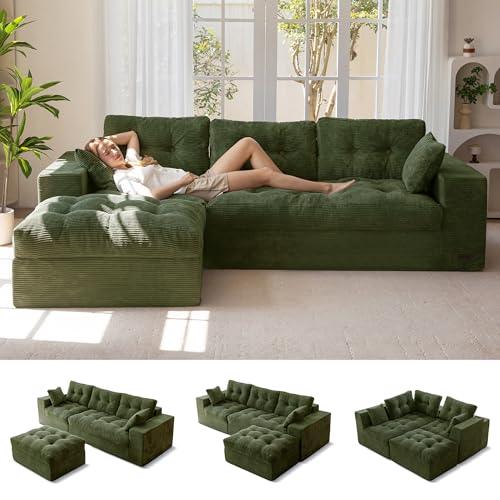 Image of MAXYOYO 104 inch L Shaped Modular Sectional Sofa with Ottoman, Cloud Boneless Couch with Layered Cushion, Upholstered Sofa Flexible Module Combination for Living Room, No Assembly, Dark Green