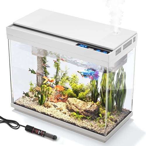 Vehipa 9 Liter Aquarium HD-Glasfischglas mit 3-in-1-Filter, Heizer, 7-farbige Beleuchtung, intelligentem Luftbefeuchter, Temperaturanzeige, Büro-Desktop-Dekoration Aquarium Komplettset