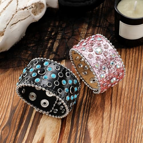 YWMAN Rhinestone Studded Leather Cuff Bracelet with Snap Closure, Bling Wide Bangle for Women & Men2