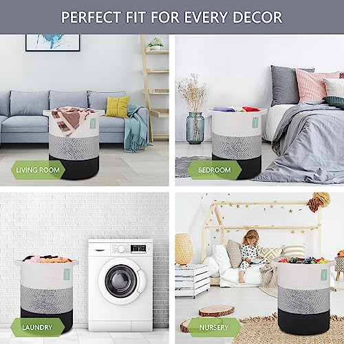 Image of Cotton Rope Blanket Basket, 72L Laundry Hamper, White& Gray& Black | 16 inchx 22 inch, Large Collapsible Woven Nursery Hamper with Sturdy Handles for Clothes Toys Towels, Bedroom Living Room Bathroom