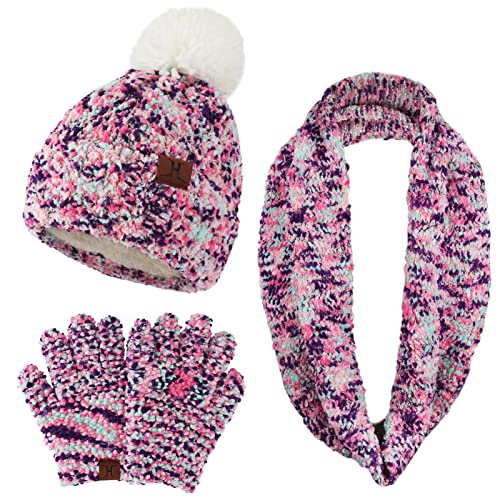 ZASFOU Kinder Winter Warm Strickmütze Mütze Schal Handschuhe Set mit Pompom Fleece gefüttert für Jungen Mädchen Cover