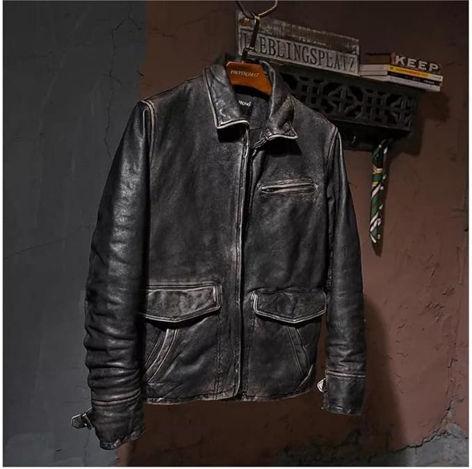 Image of Mens Leather Jacket Black | Real Leather Biker Jacket With Distressed Exterior | Motorcycle Clothing