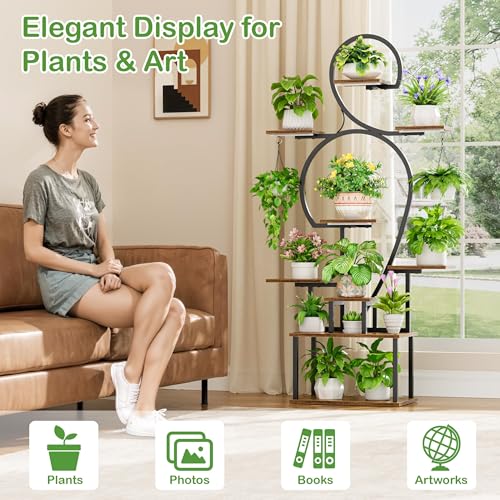 Image of POZILAN Plant Stand Indoor with Grow Lights, 63'' Tall Indoor Plant Shelf, 9 Tiered Lighted Plant Stands for Living Room, Metal & Wood Corner Large Flower Holder for Alcony, Patio & Home, Black