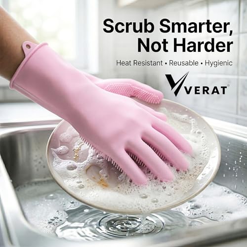 Image of Kitchen Dishwashing Gloves for Washing Dishes - Reusable Rubber /Silicone Cleaning Gloves for Kitchen, Bathroom & Car Cleaning - Waterproof Household Hand Gloves for Women, Home Essentials (pink)