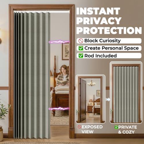 Image of AJAZZ 100% Blackout Accordion Doors Interior Invisible Folding Door for Bedroom Living Room Doorway Curtain Sets (1 Pack, 44 W x 78 L, Grey+Rod)
