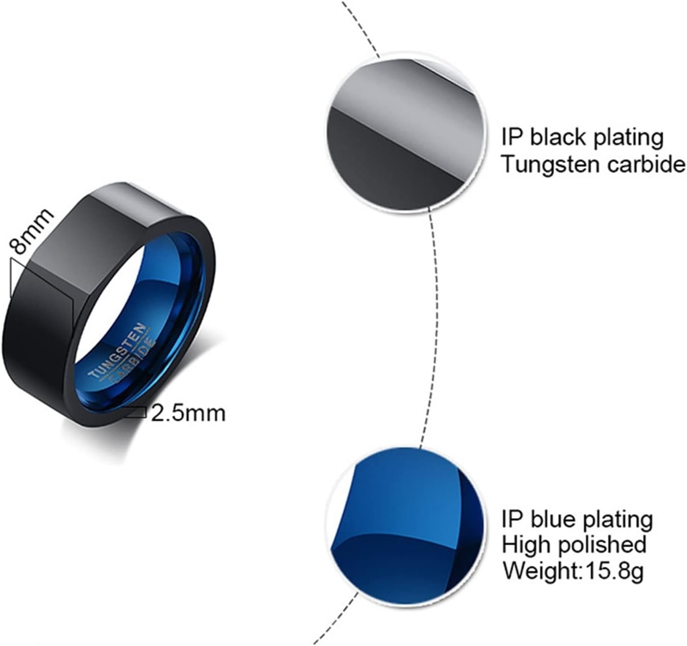 Couple Rings, Tungsten Wedding Band Black Blue Ring Band 8mm Valentines Day Gifts for Wife
