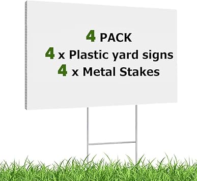 4 Pack 18x12 Inches White Corrugated Plastic Yard Sign with Metal Stakes Outdoor Weatherproof Signs for Blank Lawn Sign Estate Garage Sale
