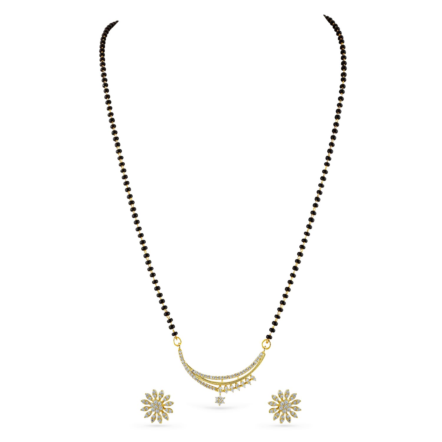 rubans 18K Gold-Plated White Cubic Zirconia Studded Crescent Moon Mangalsutra Set with Black Beaded Chain & Floral Earrings for Women & Girls – Daily & Festive Looks-picture-14