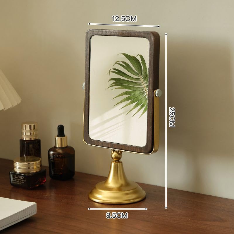 Hosoncovy Wooden Desktop Mirror with Stand Retro Vanity Mirror Makeup Mirror Tabletop Mirror with Stand Oval Free Standing Bathroom Mirror (Gold - Image 2