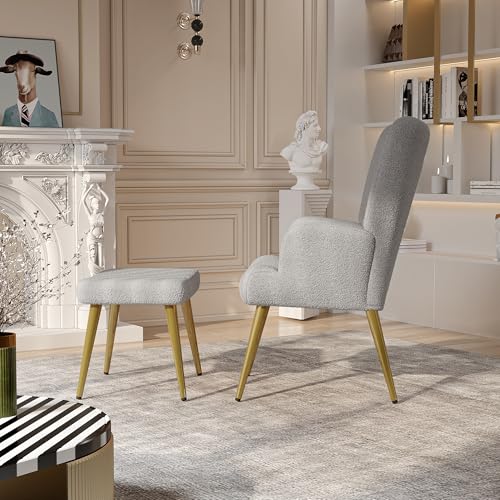 Sessel mit Hocker, Ohrensessel mit Hoher Rückenlehne, Fernsehsessel Armlehnensessel Polstersessel Relaxsessel, Schlafzimmer Lounge Sessel Lesesessel Lammwolle, Hellgrau – Bild 4