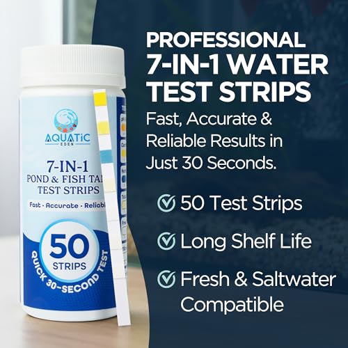Image of Pond Test Strips 7-in-1 (50 Pack) - Fish Tank & Pond Water Testing Kit for Freshwater & Saltwater - Quick & Accurate Aquarium Water Test Kit for pH, Nitrate, Nitrite, Hardness