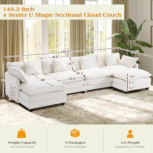Image of 149.2 inch Modular Sectional Sofa,U Shaped Couch for Living Room,Modern Deep Seat Sofa 3 Seater Chenille Fabric Comfy Cloud Couches with Throw Pillows & Movable Ottoman