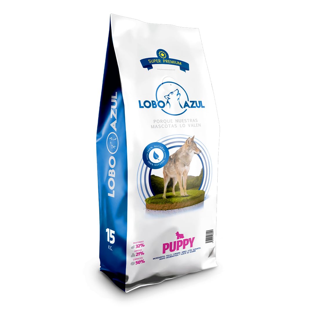 Pienso Cachorros - Comida para Perros Cachorros con Pollo, Atún, Pato y Cordero - Crecimiento Óptimo - 15kg Lobo Azul Puppy