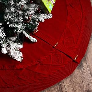 Christmas Tree Skirt 48 Inch Cable Knit Pattern Luxury Xmas Holiday Decoration Thick Rustic Fabric Home Party Decor Red