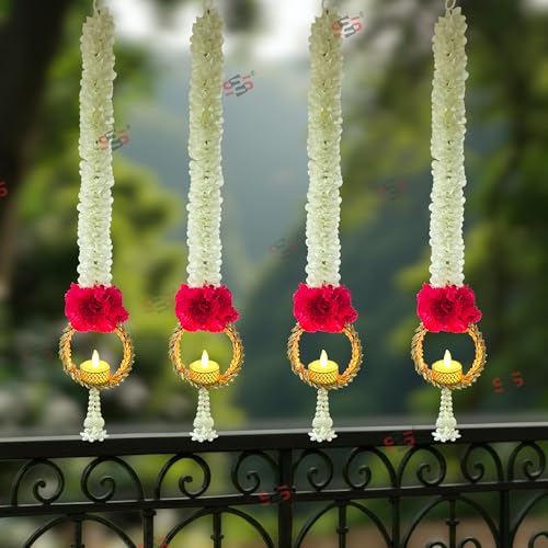 Image of S2S Red Flower Wall Hangings 24 Inch for Home Decoration (Set of 4) | Handmade Diwali Decor Psychedelic Wall & Door Valance Hanging (LED Lights Not Included)