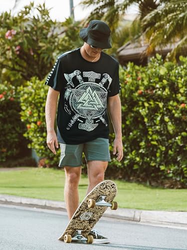 Viking Warrior T-Shirt Norse Mythology Nordic Rune Graphic Tee Odin Symbol Apparel Medieval Axe Shield Design,M-3XL