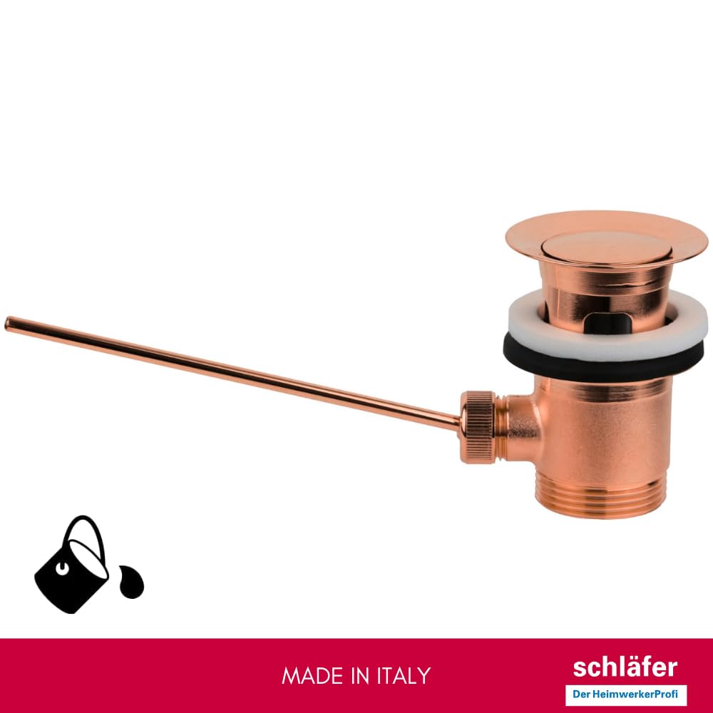 Schläfer 40510310 | Desagüe universal de 1 1/4 pulgadas con rebosadero color cobre – Válvula desplegable para lavabo y lavabo, completo rebosadero con tapón de latón