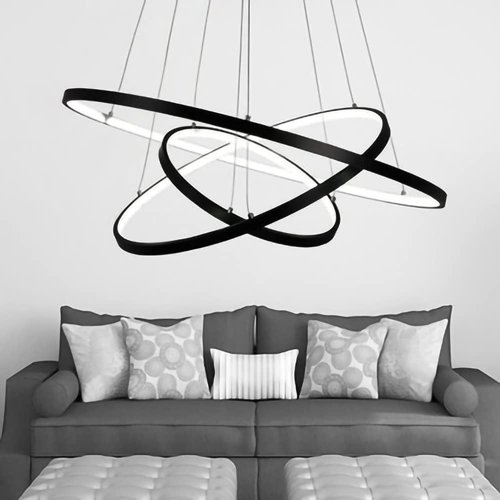 Lampadario a LED Soggiorno Lampada da soffitto Creativo Rotondo a 3 Anelli lampadario, dimmerabile con Telecomando 3000K-6500K, lampade da Camera acriliche Decorazione Ufficio 76w,Nero