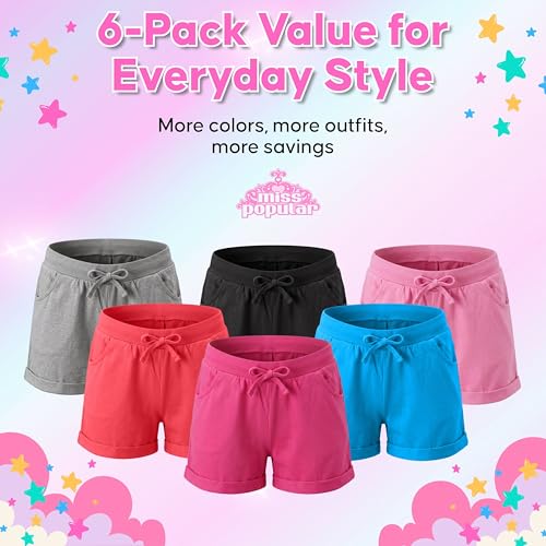 Image of MISS POPULAR Girls 6-Pack Bermuda Short Sizes 4-16 Comfortable Cotton, Elastic Waistband, Bow-Tie, Pockets & Many Colors