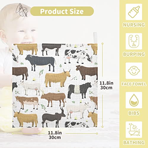 Image of Baby Washcloths Cotton Bulls Cows Cattle Baby Muslin Washcloths Soft Baby Face Towel for Newborn Infants Baby Wipes, 11.8 X 11.8 Inch, 5 Pack White