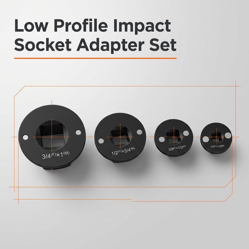 Low Profile Impact Socket Adapter Set, 4PC Drive Ratchet Kit, CR-V Steel, Magnetic Design, for Tight Spaces - Automotive & Industrial Tools