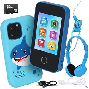 Kids Phone Toy | Touchscreen Kids Phone Toy with Games, MP3 Player & 32GB SD Card | Fake Phones for Kids 3 to 8 Years Old | Birthday Gift for Boys | Shark Phone with Headphones – Blue