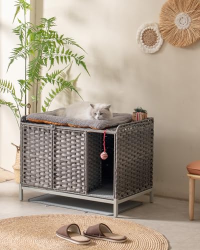 Image of SETVSON Cat Litter Box Enclosure Furniture with Divider, Handwoven Rattan Litter Box with Mat, 31.2 x 19.6 x 24.2 Inches, Metal Heightened Feet, Hidden Cat House for Living Room, Bedroom (Gray)