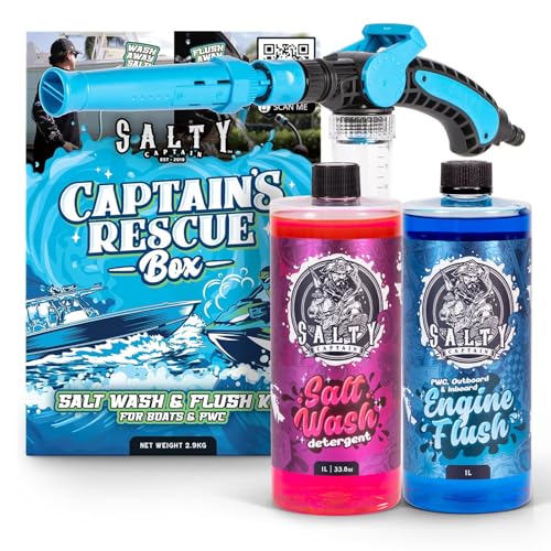 Salty Captain Boat Cleaner Kit 3pcs – Boat Wash Set with Salt Wash Detergent, Outboard Engine Flush & 2-in-1 Garden Hose Musket for Boats, PWCs & Jet Skis – Removes Salt & Protects Against Corrosion