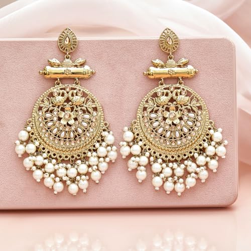 Image of Rubans Chandbali Earrings Kundan Pearl Beads Traditional Wedding Jewellery for Women & Girls