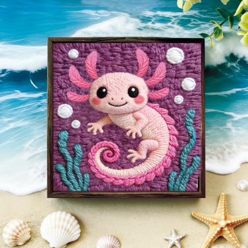 Image of BEUNITONE Pink Axolotl Punch Needle Kit for Adults Beginners, Complete DIY Craft Needlepoint Kits with Hoop, Punch Needle Starter Craft Embroidery Set for Handmade Decor & Stitching Projects 9.4X9.4 inch