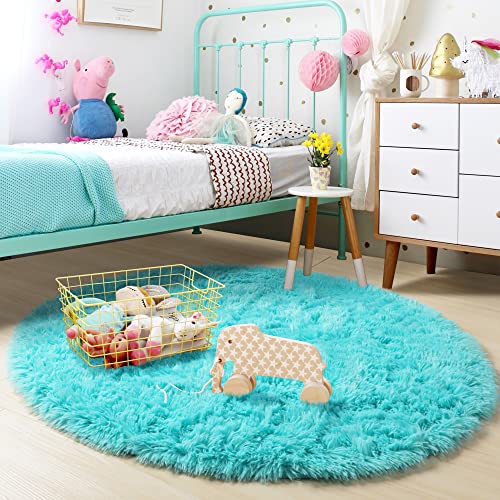 Blue Round Rug For Bedroom,Fluffy Circle Rug 4'X4' For Kids Room,Furry Carpet For Teen's Room,Shaggy Circular Rug For Nursery Room,Fuzzy Plush Rug For Dorm,Turquoise Carpet,Cute Room Decor For Baby #TOP2