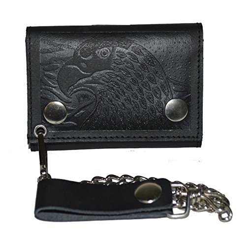 Trifold Biker's Large Wallet ID Card Holder With Chain Genuine Leather