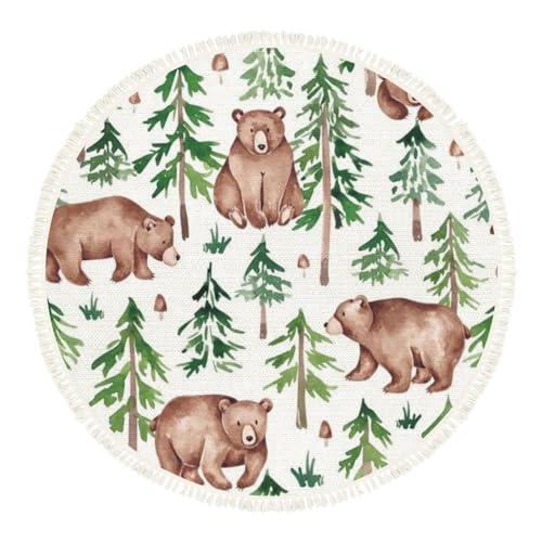 Image of DNEWYNPABV Woodland Animal Round Area Rug, Forest Seamless Pattern, Hand Drawn Watercolor Boho Style, Cotton Linen Blend, 6ft