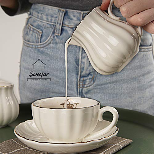 Image of Sweejar Royal Ceramic Sugar and Creamer Set, 3 Piece Set with Cream Pitcher, Sugar Bowl, Sugar Set with Lid & Spoon, Coffee Serving Set Wedding Gift(White)