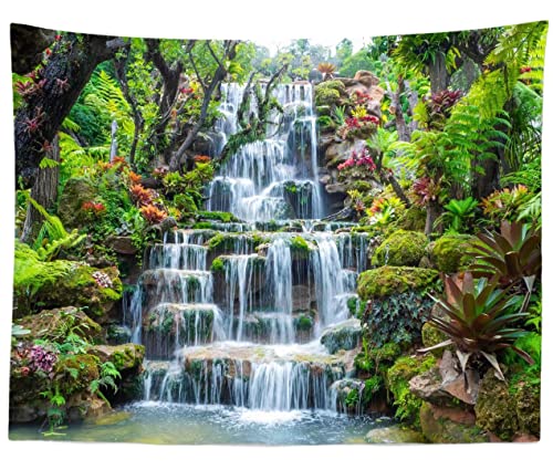 BELECO Forest Garden Waterfall Tapestry Wall Hanging Mountain Rocks Flowing Water Scenery Green Plants Trees Beautiful Nature Wall Tapestry for Home Bedroom Living Room Dorm Decor 80x60 Inches