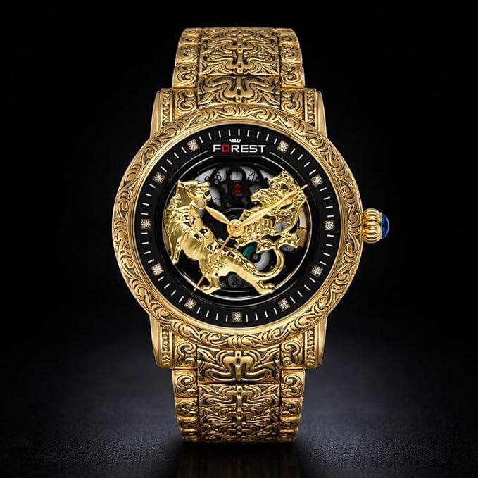 Image of Luxury Gold-Tone Tiger Skeleton Dial Watch, Vintage Carved Pattern Band, Quartz Movement (Black Case)