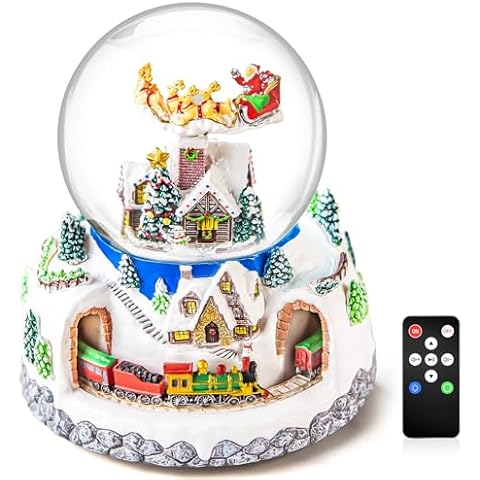 Musical Rotating Santa Claus Flying Over Village,Automatic Snowfall,Train, Christmas Snow Globe Music Box Gifts, for Women Wife Mom Girlfriend Daughter, Xmas Present,Plays 48 Classic Christmas Carols Cover