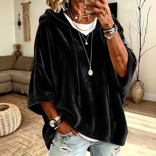 YMADREIG Womens Oversized Velvet Hoodies 3/4 Sleeve Velour Sweatshirt — view 2