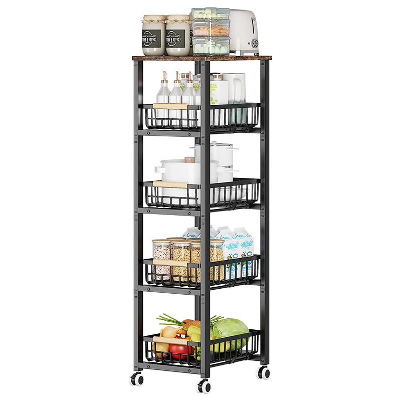 CarolynDesign Metal Wire Baskets with Wheels, Kitchen Storage Stackable Vegetable Fruit Cart Bins with Pull Out Wooden Handel Mat Bottom Sliding Dawers, for Bathroom, Garage and Pantry